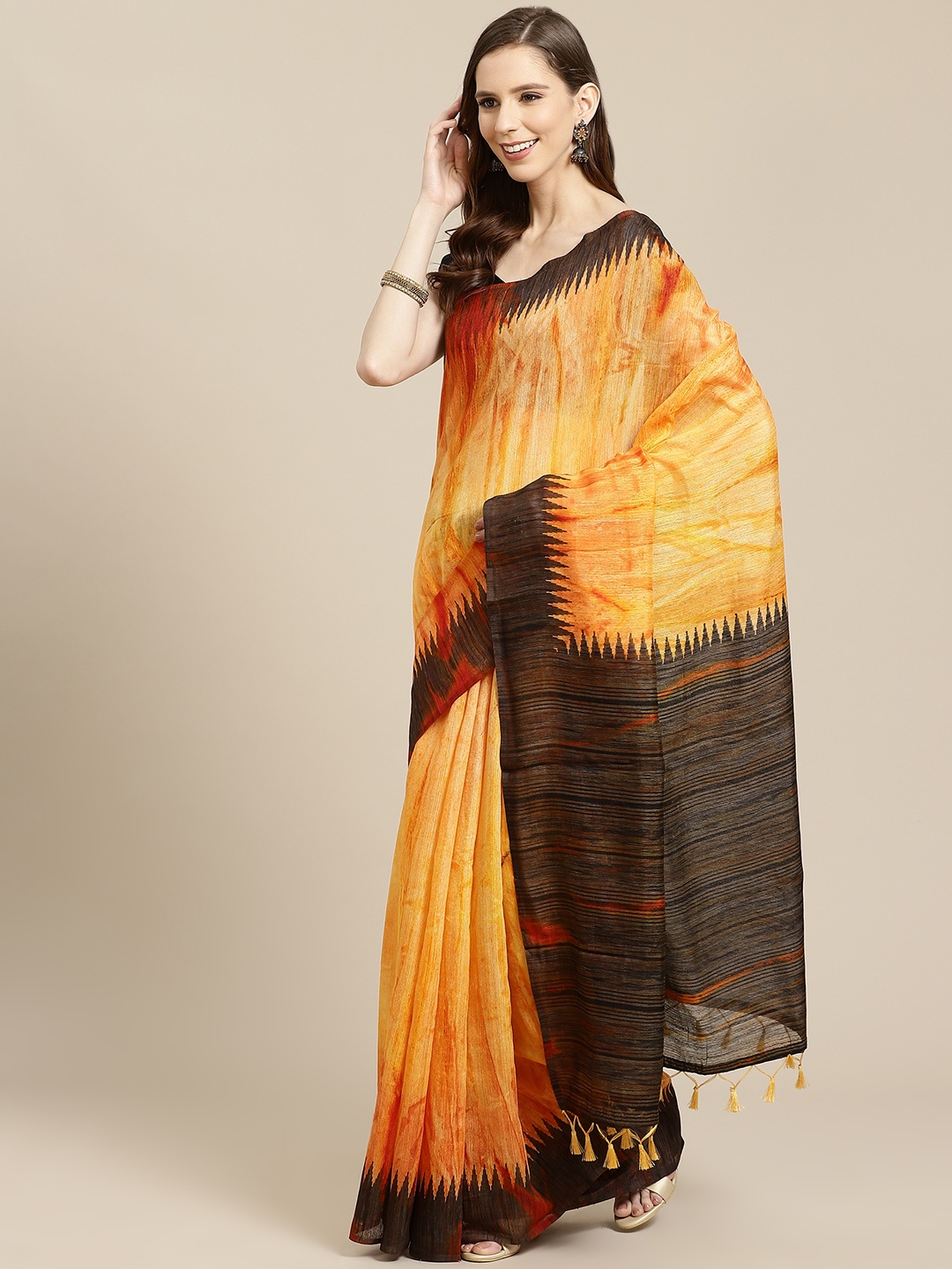 

Rajnandini Mustard Yellow Shibori Print Linen Blend Saree