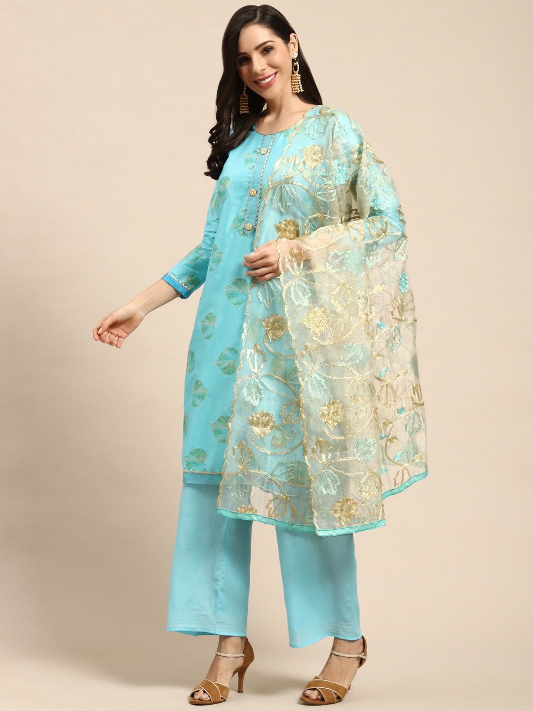 

Rajnandini Turquoise Blue & Green Pure Cotton Semi-Stitched Dress Material