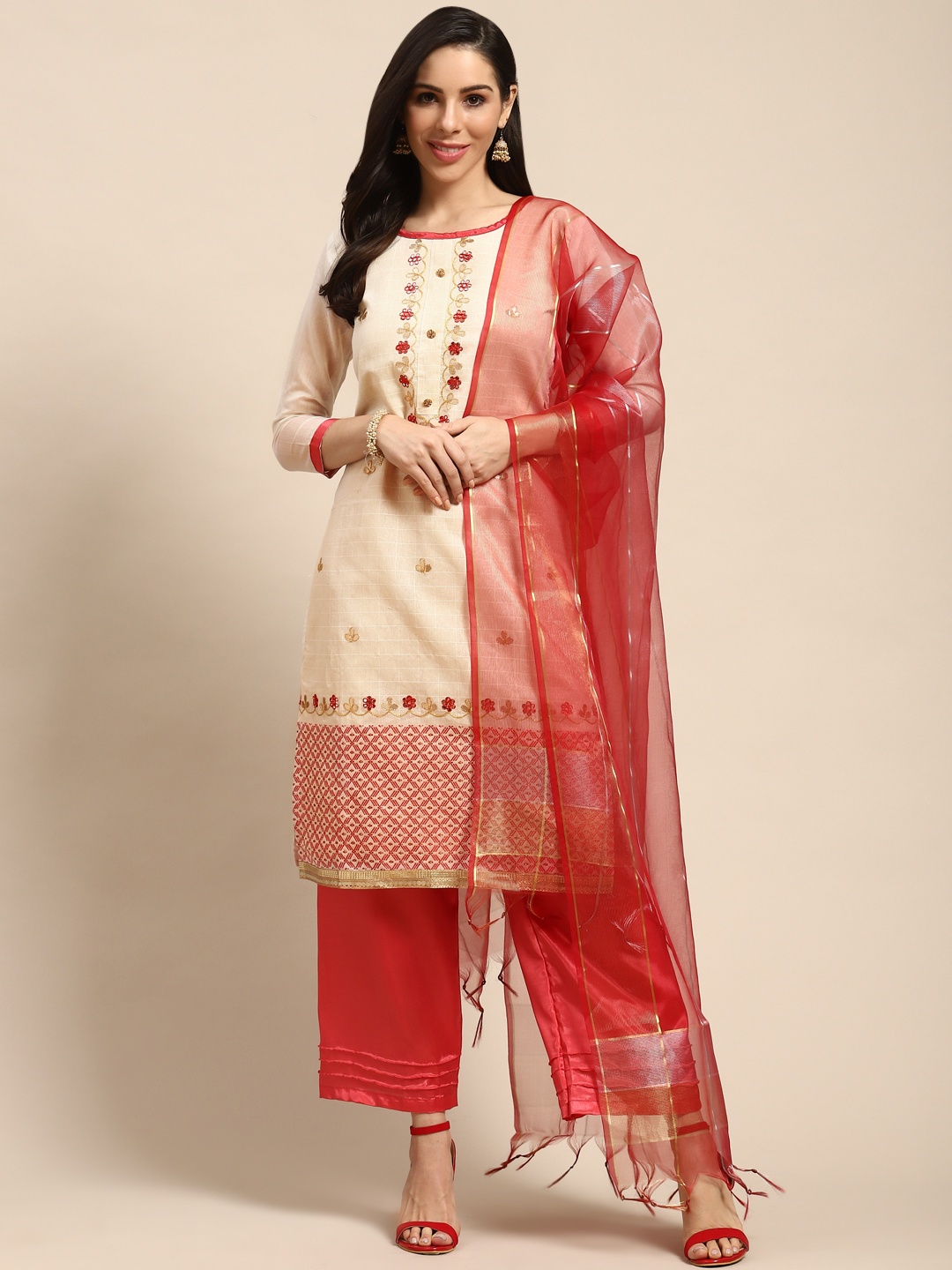 

Rajnandini Beige & Coral Embroidered Unstitched Dress Material