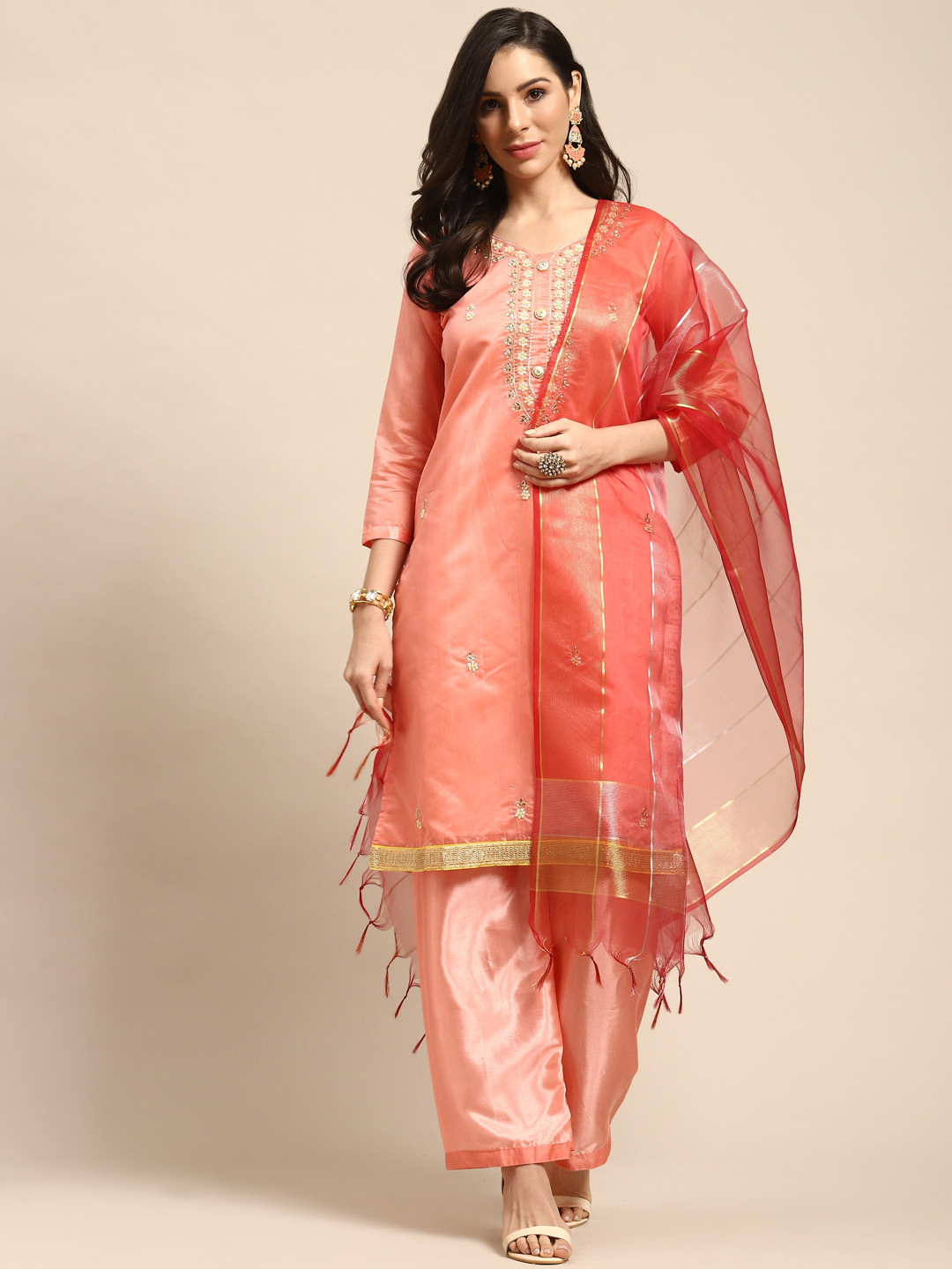 

Rajnandini Peach-Coloured & Golden Embellished Unstitched Dress Material