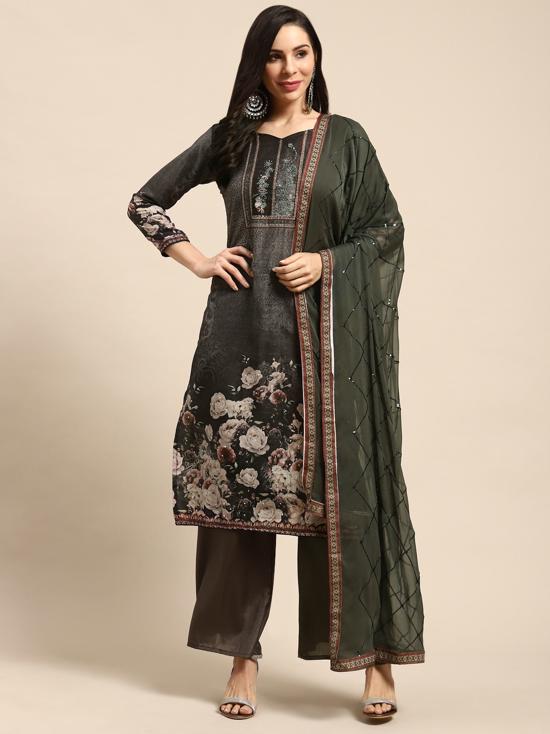 

Rajnandini Charcoal Grey Printed Unstitched Dress Material