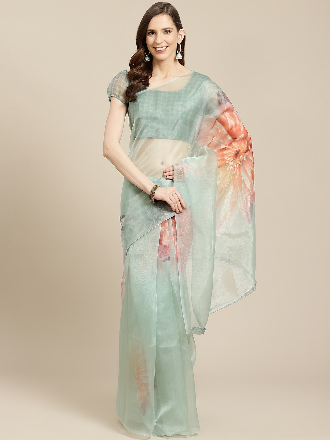 

Rajnandini Green & Orange Organza Floral Print Saree