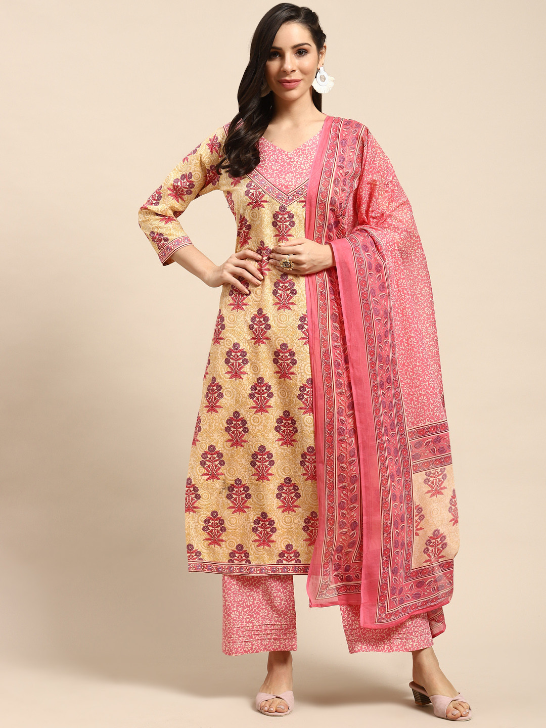 

Rajnandini Beige & Pink Pure Cotton Ethnic Motifs Printed Unstitched Dress Material