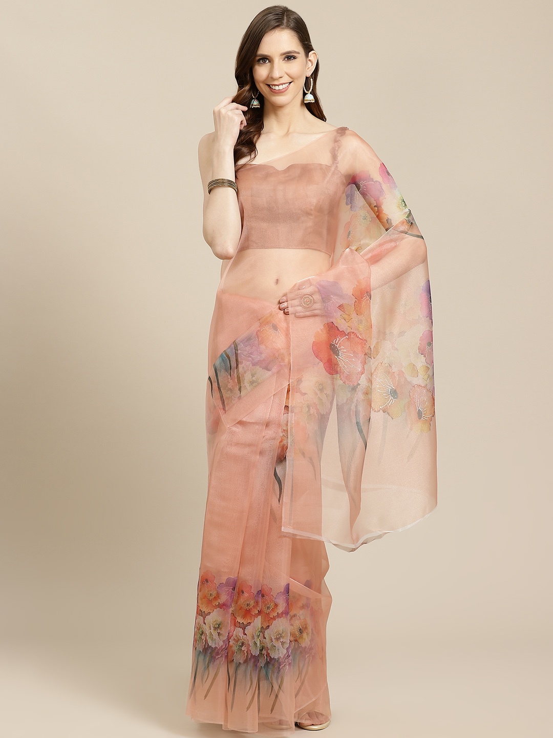 

Rajnandini Peach-Coloured & Purple Organza Floral Print Saree