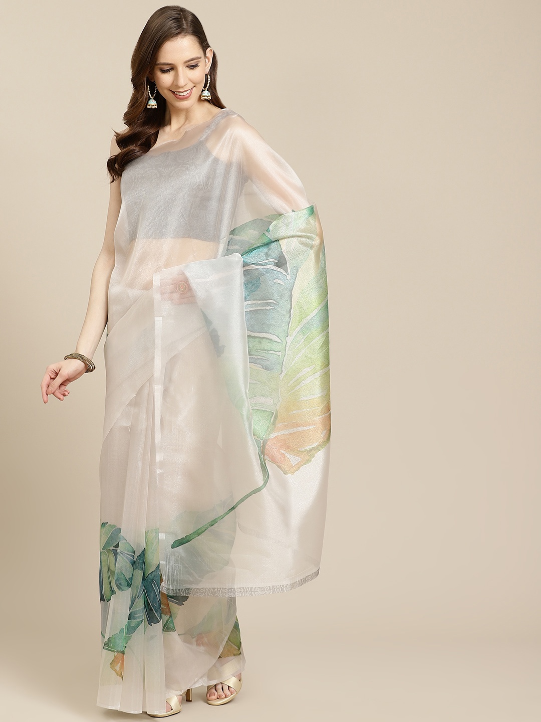 

Rajnandini Off-White & Green Organza Leaf Print Saree