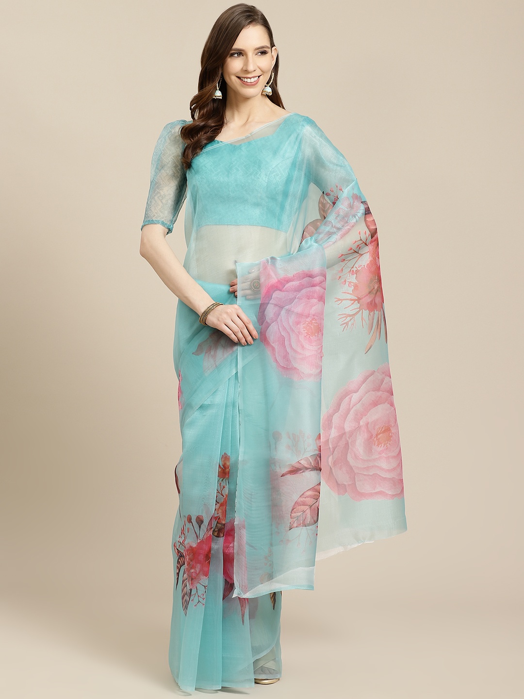 

Rajnandini Blue & Pink Organza Floral Print Saree