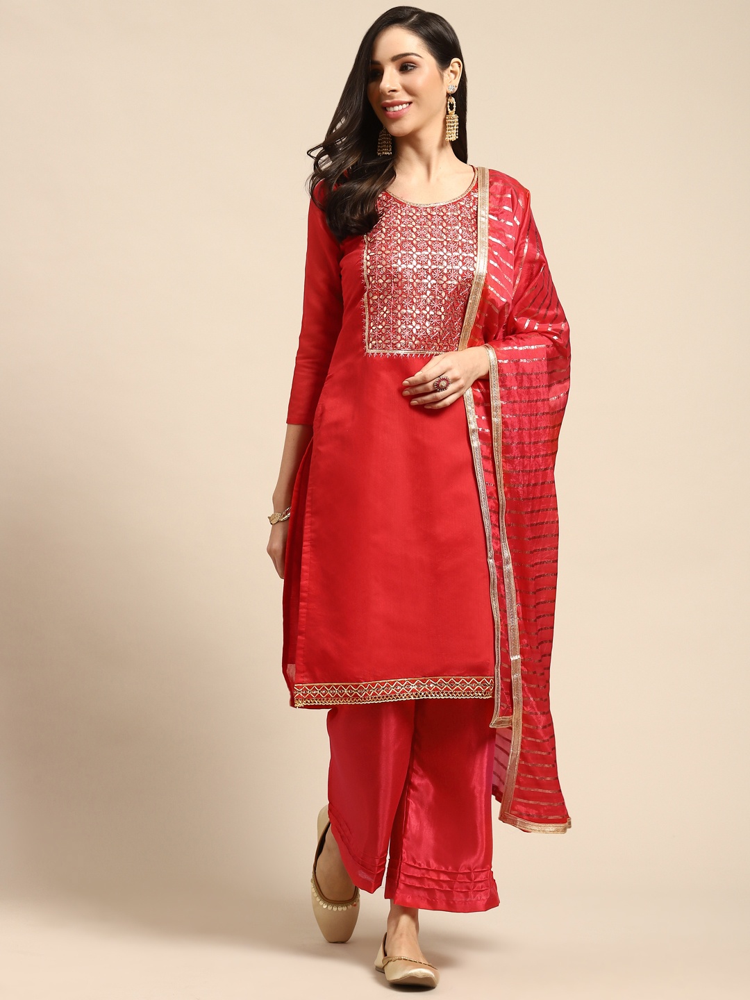 

Rajnandini Red & Golden Embroidered Yoke Design Semi-Stitched Dress Material