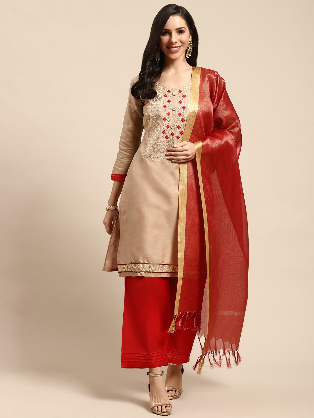 

Rajnandini Beige & Red Pure Cotton Semi-stitched Dress Material