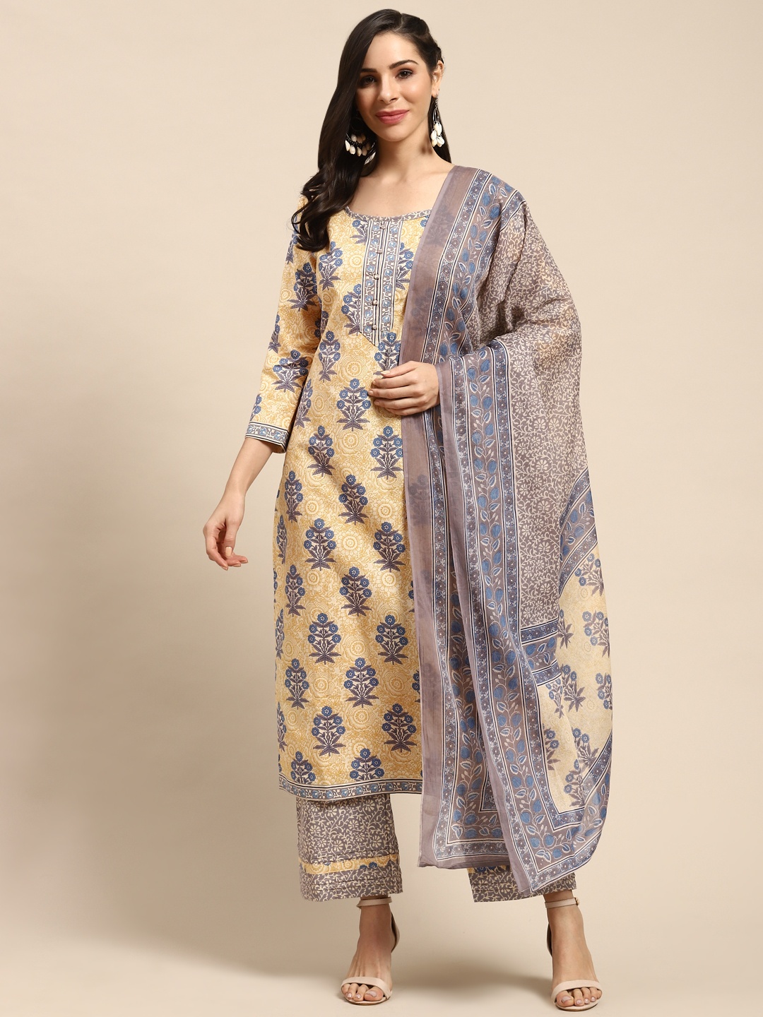 

Rajnandini Beige & Grey Pure Cotton Unstitched Dress Material