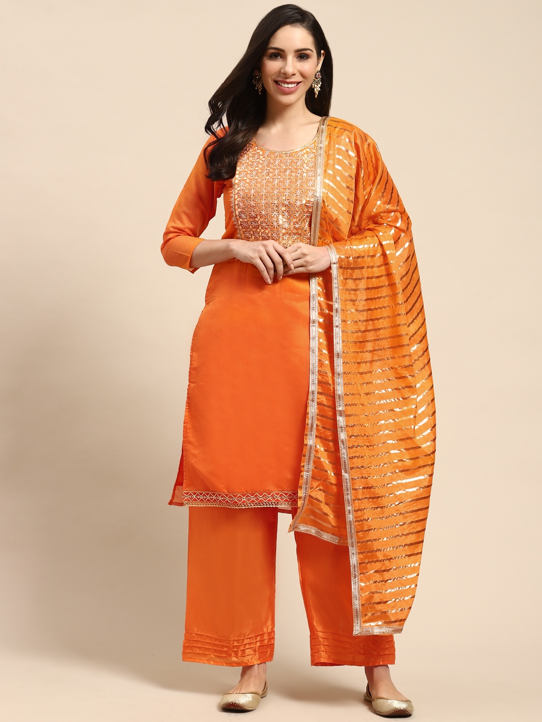 

Rajnandini Orange Silk Blend Semi-stitched Dress Material