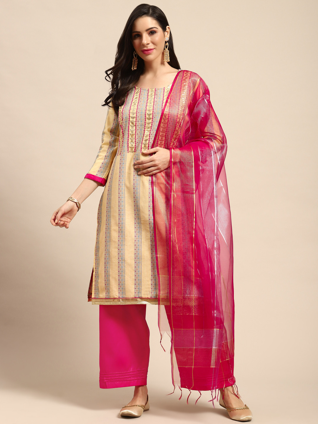 

Rajnandini Yellow & Pink Pure Cotton Embroidered Unstitched Dress Material