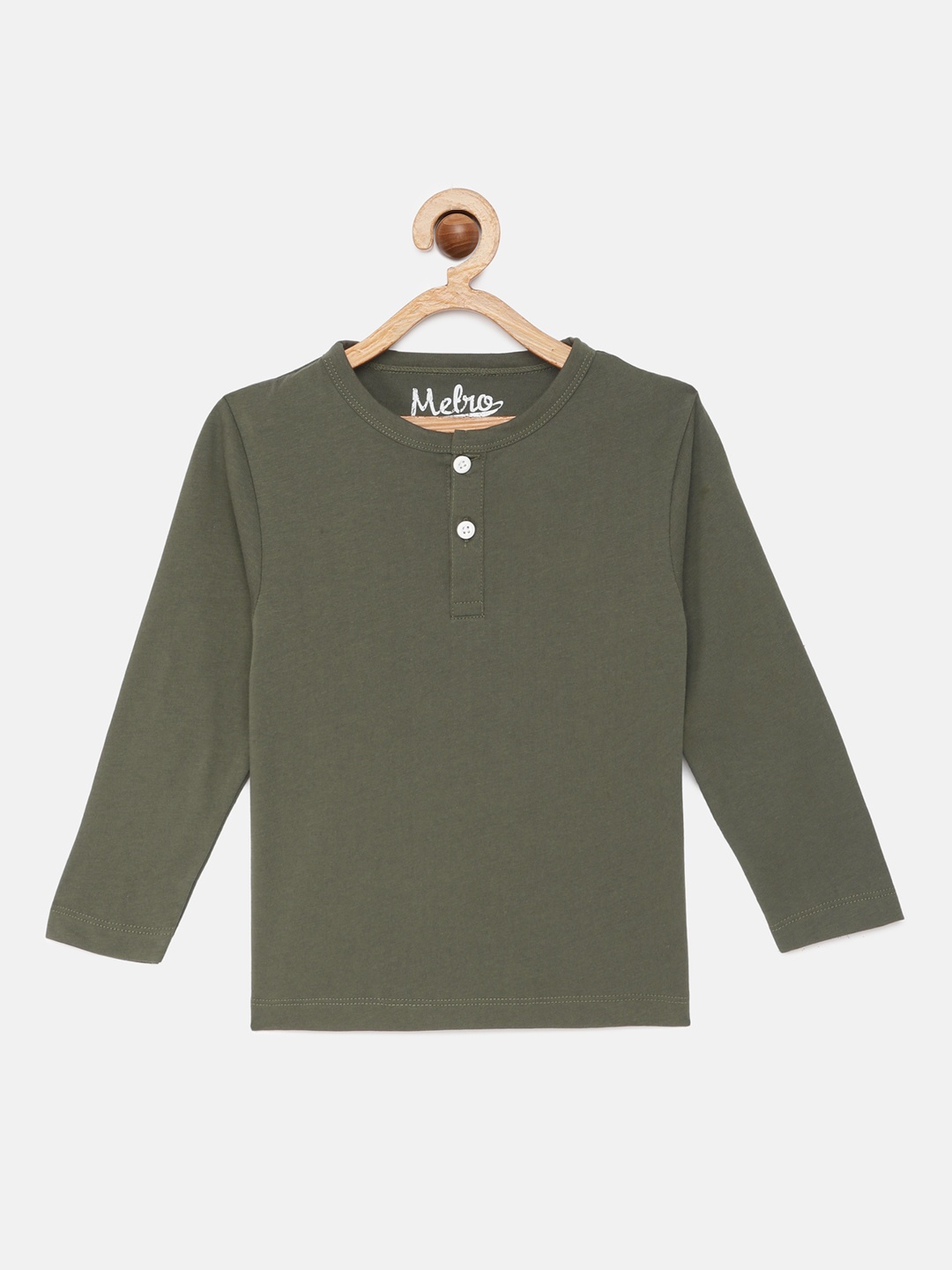 

METRO KIDS COMPANY Boys Olive Green Solid Henley Neck T-shirt