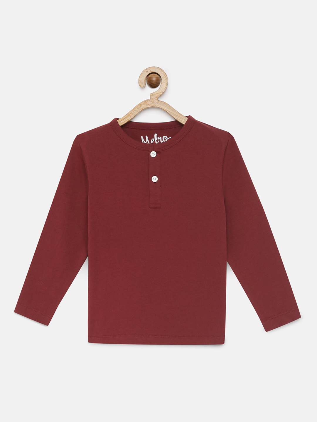 

METRO KIDS COMPANY Boys Maroon Solid Pure Cotton Henley Neck T-shirt