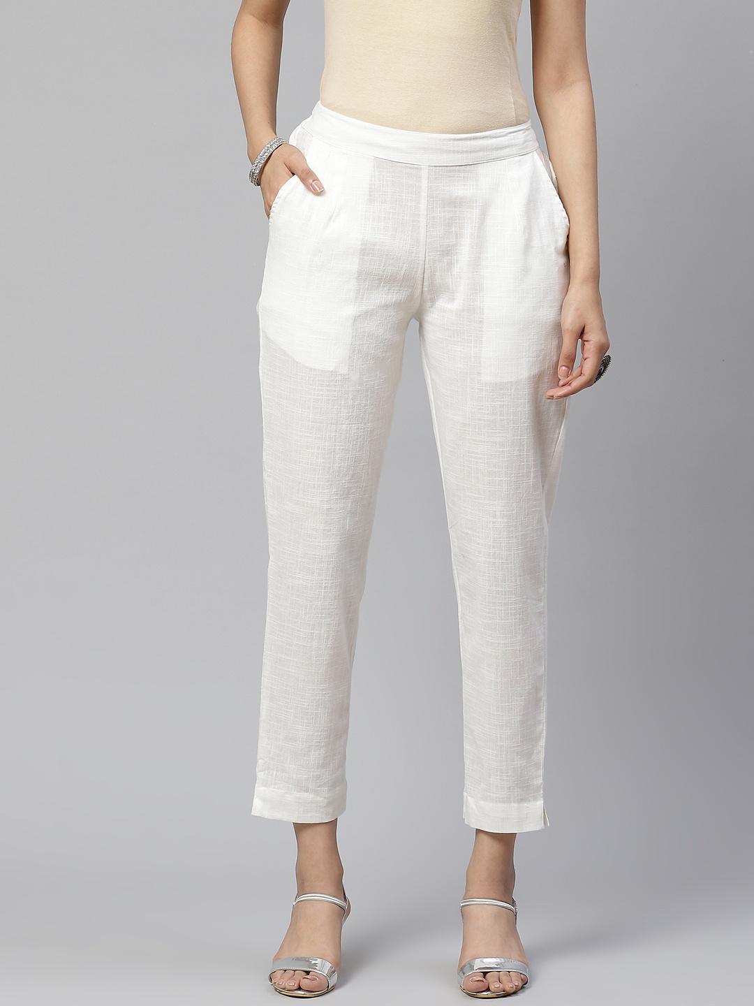 

Divena Women Off-White Comfort Regular Fit Solid Cotton Cigarette Trousers