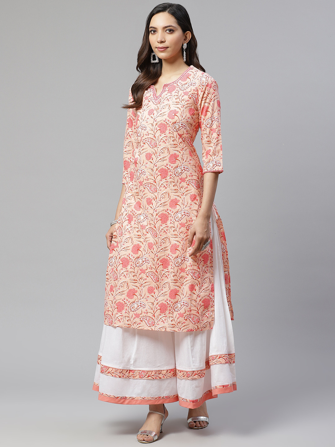

Divena Women Peach-Coloured & Pink Printed Pure Cotton Kurta with Palazzos
