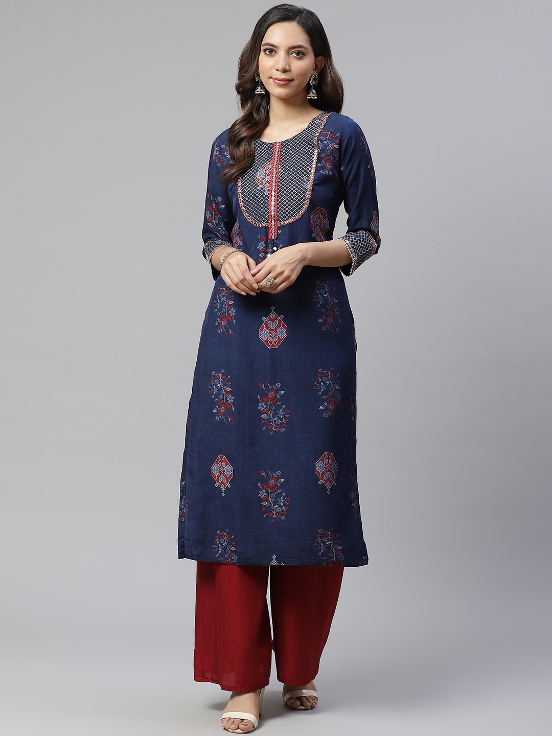 

Sbo Fashion Women Navy Blue & Red Printed Thread Work Indigo Straight Kurta
