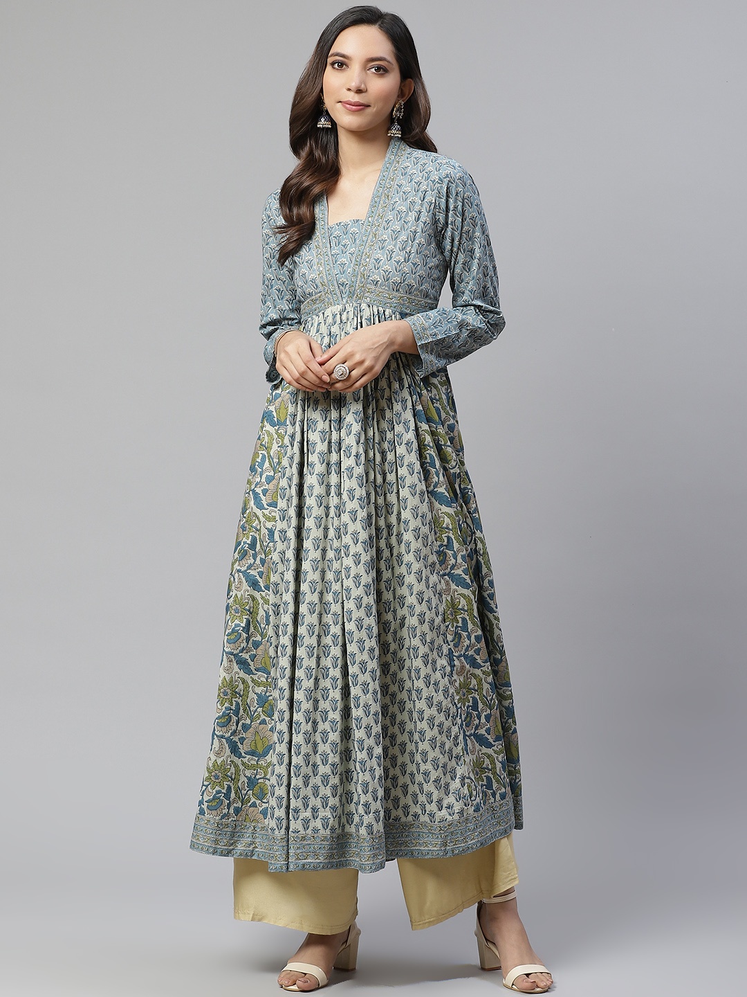 

Divena Women Blue & Beige Ethnic Motifs Printed Thread Work Cotton Anarkali Kurta