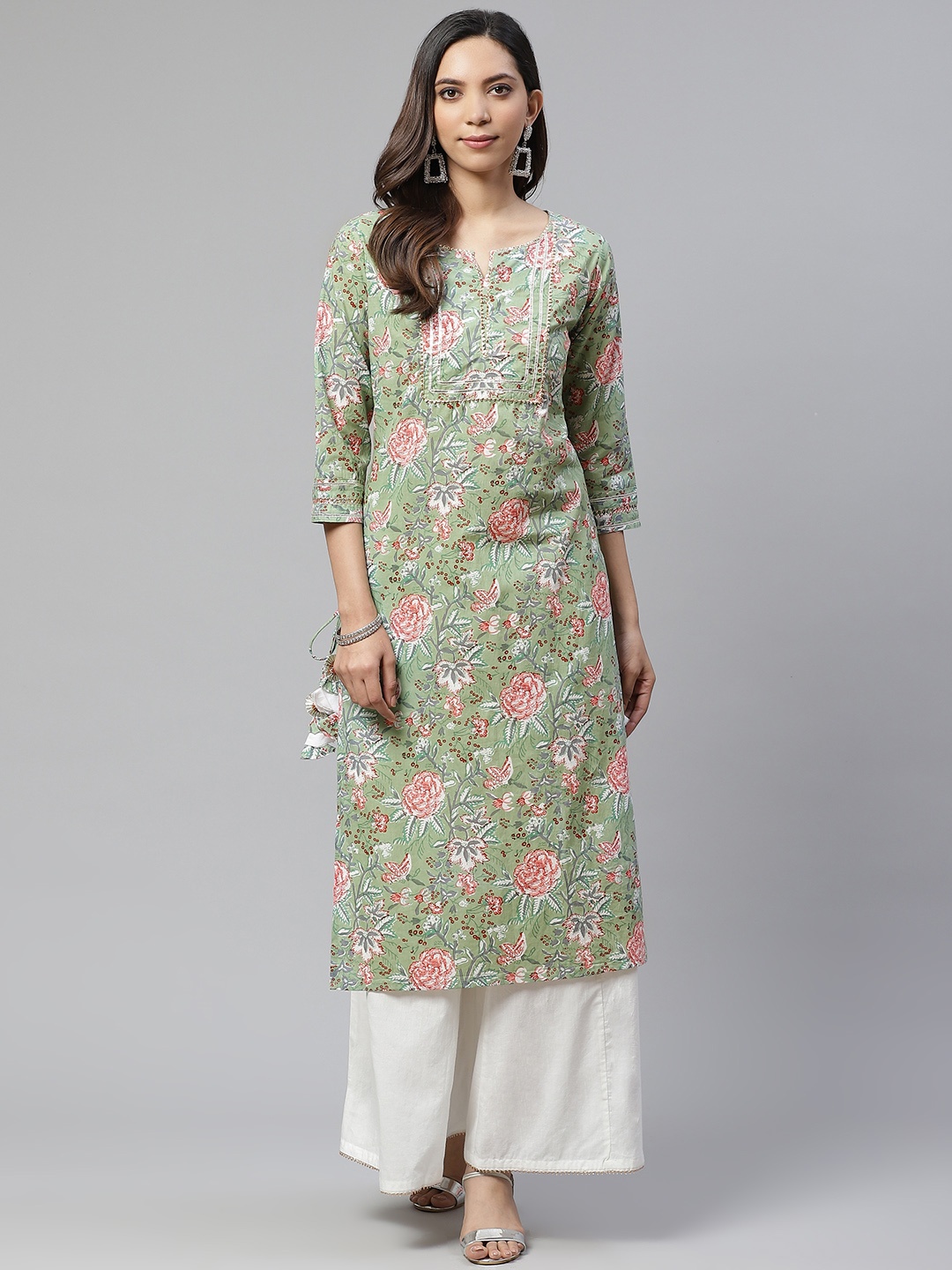 

Divena Women Green & Pink Floral Printed Pure Cotton Kurta with Palazzos