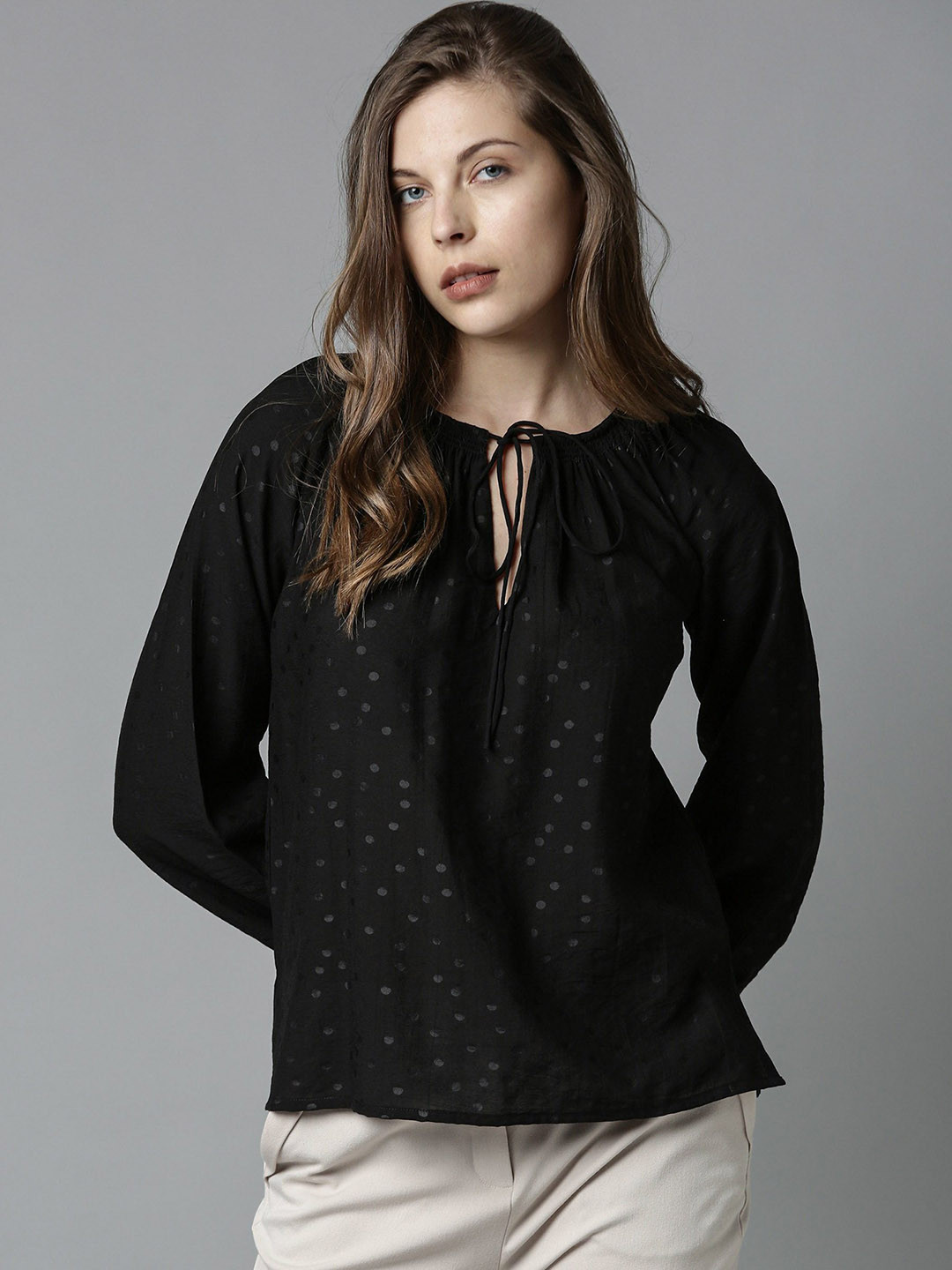 

RAREISM Women Black Printed Tie-Up Neck Regular Top