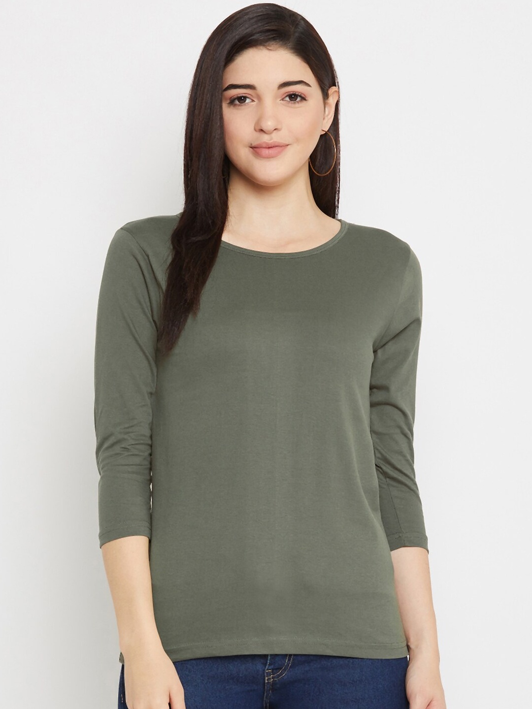 

Rodzen Women Olive Green Solid Round Neck T-shirt