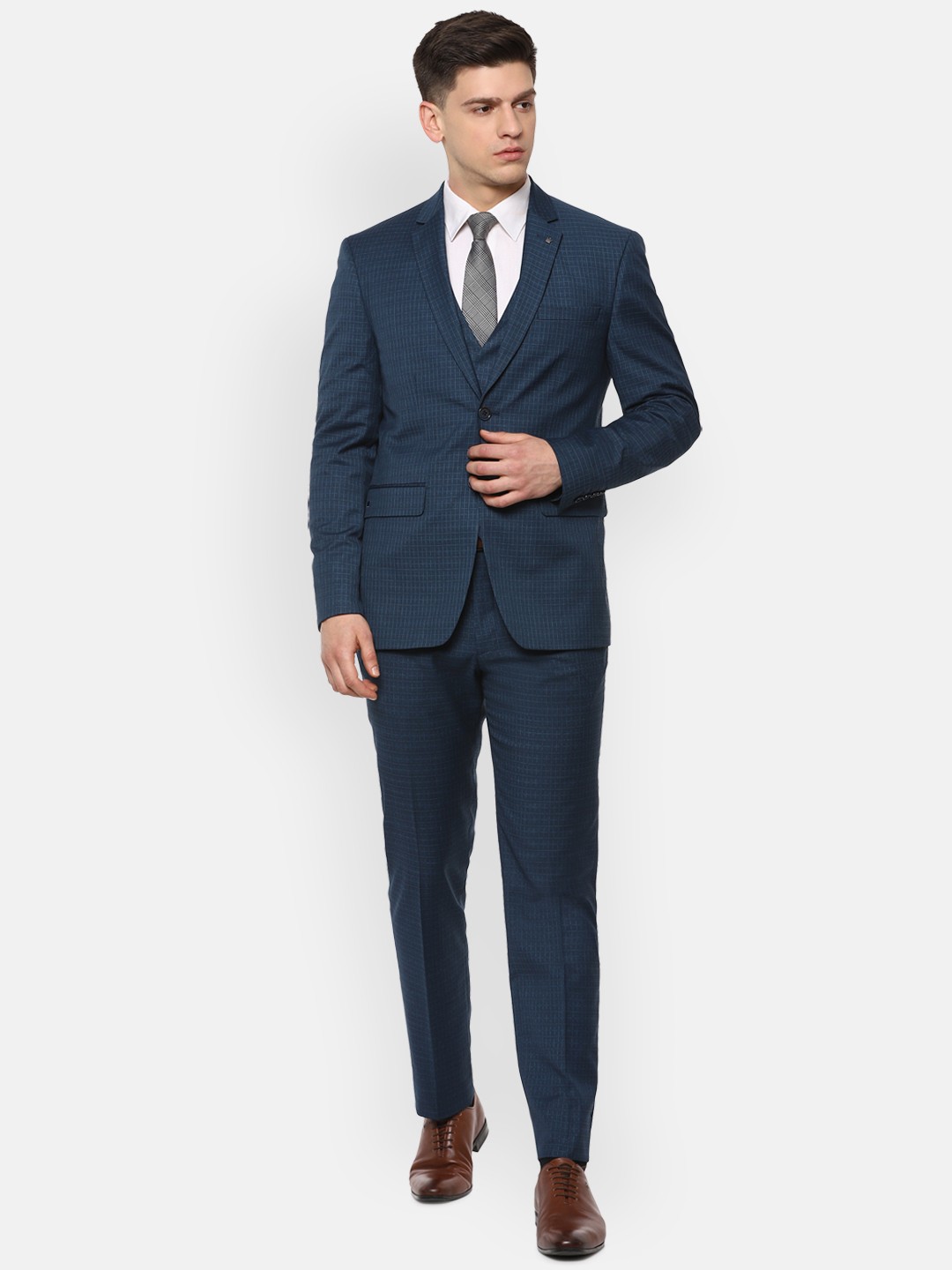 

Louis Philippe Men Dark Blue Checked Slim-Fit Single-Breasted Formal 3 Piece Suit