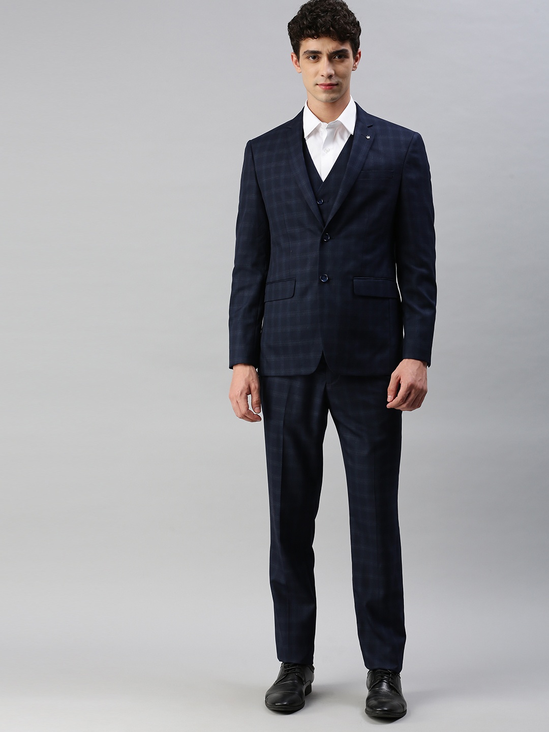 

Louis Philippe Men Navy Blue Checked Slim Fit Single-Breasted 3-Piece Formal Suit