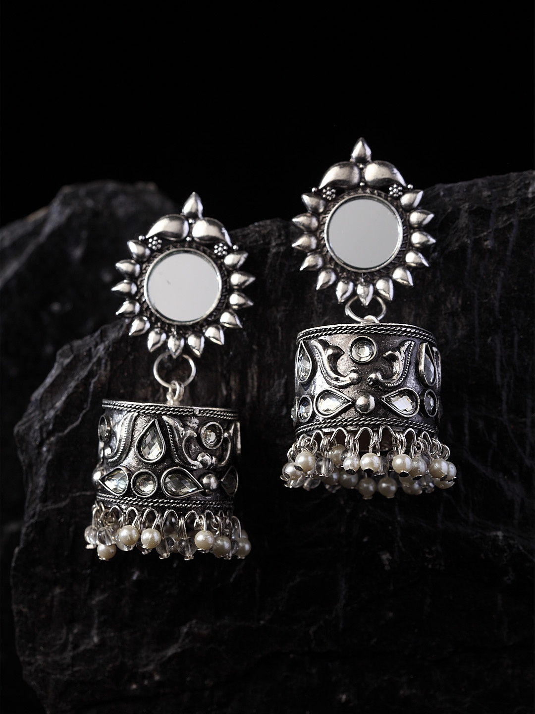 

PANASH Silver-Toned Contemporary Jhumkas