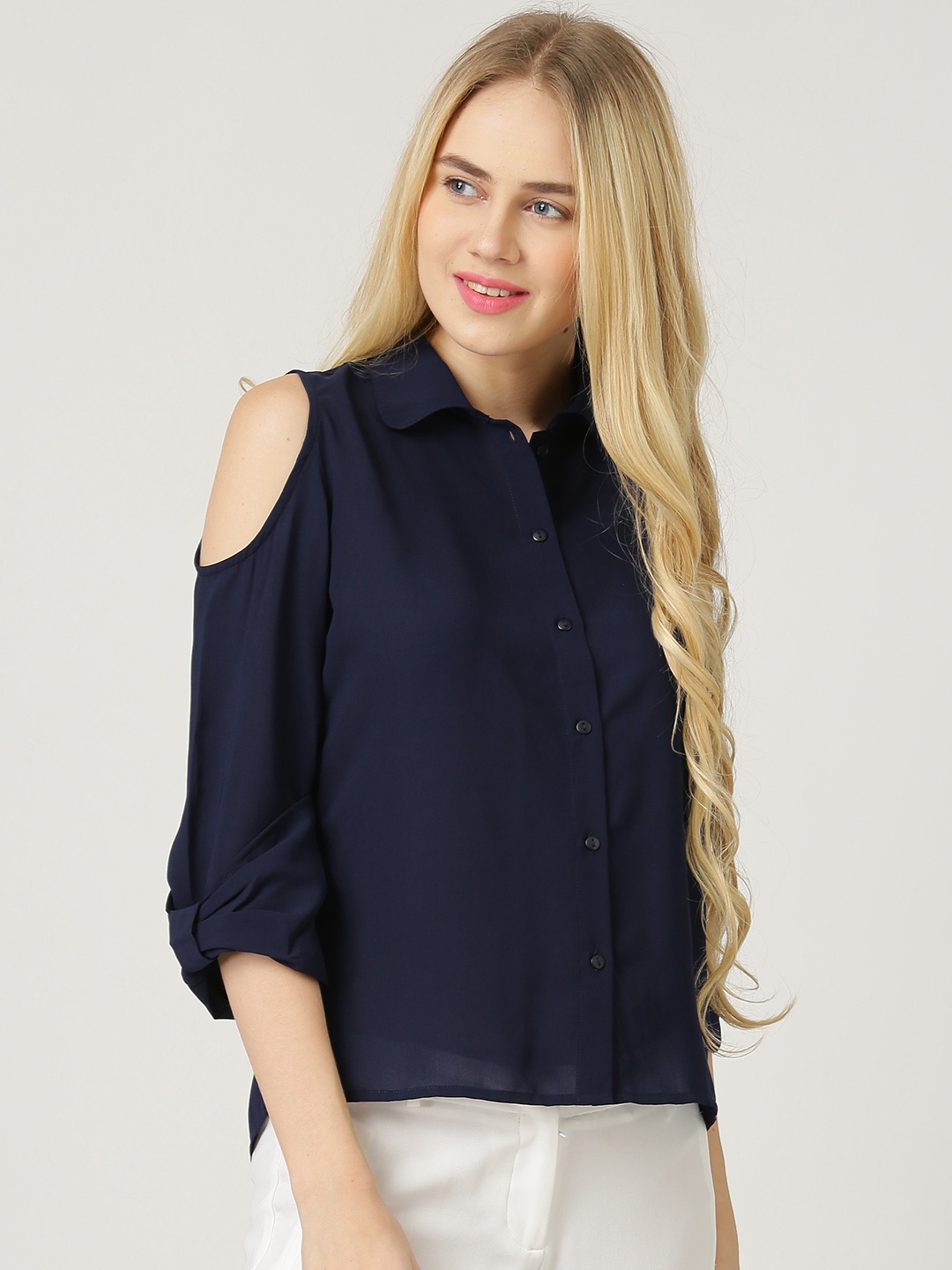 

Marie Claire Navy Georgette Cold Shoulder Comfort Shirt, Navy blue