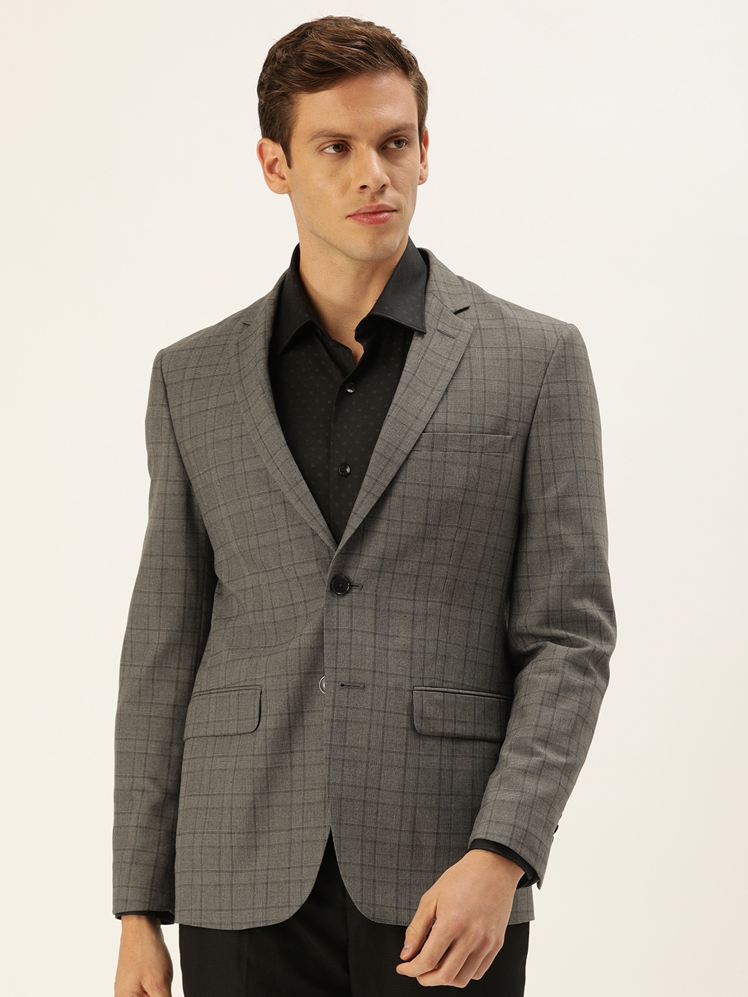 

Peter England Men Grey and Black Checked Slim-Fit Single-Breasted Blazer