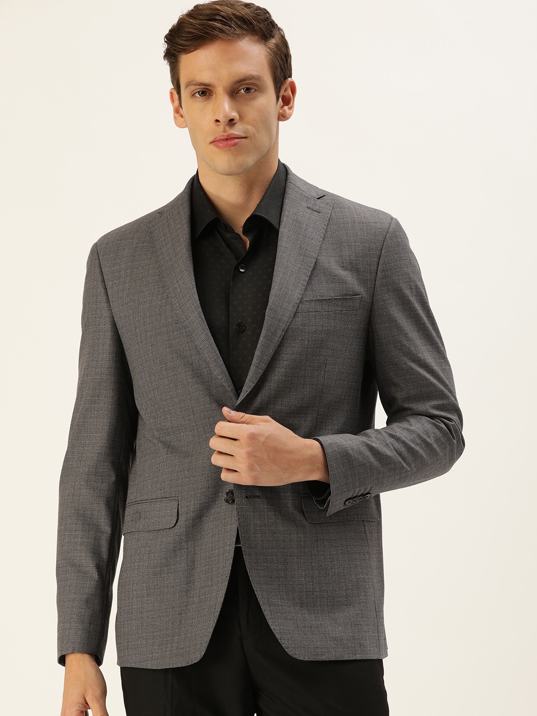 

Peter England Men Charcoal Grey Checked Neo Slim Fit Single-Breasted Formal Blazer