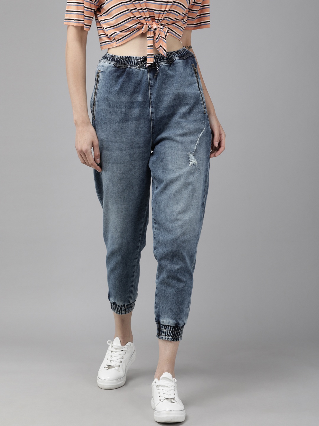 

ONLY Women Blue Relaxed Fit High-Rise Low Distress Light Fade Stretchable Jeans