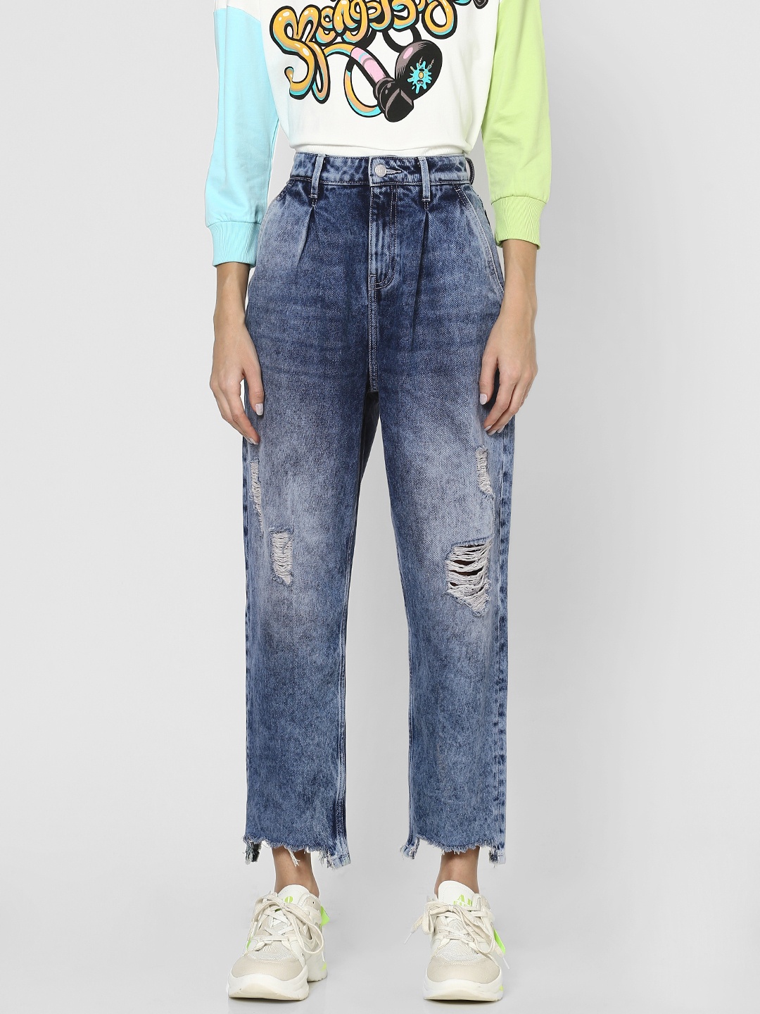 

ONLY Women Blue Relaxed Fit High-Rise Highly Distressed Heavy Fade Jeans