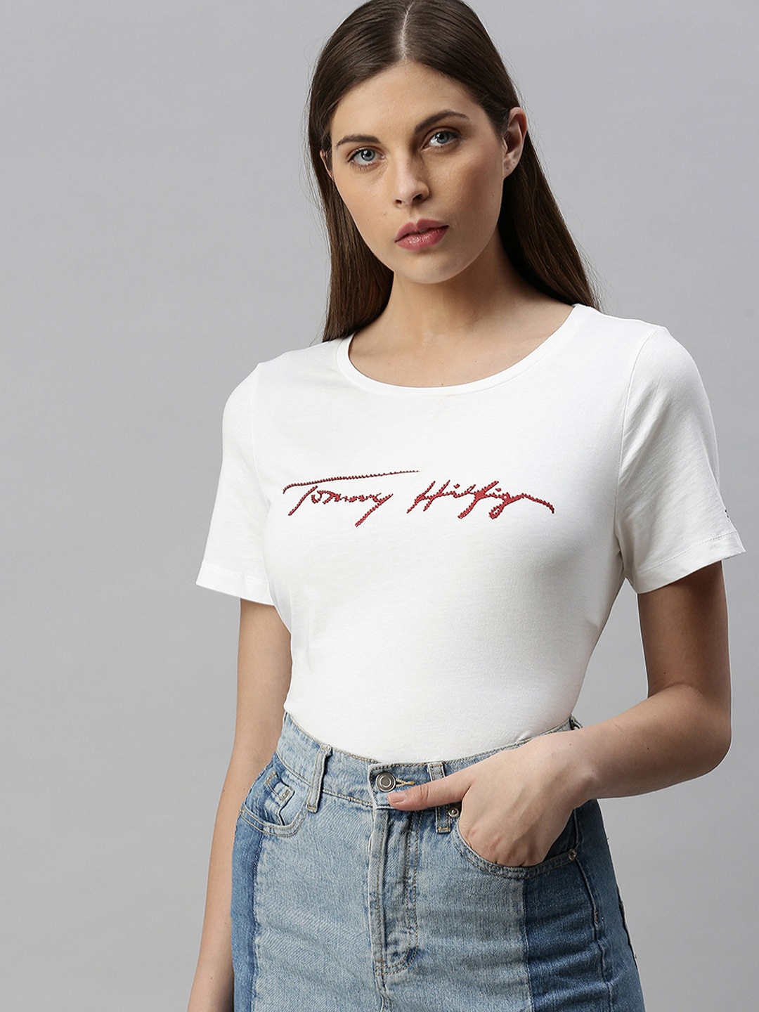 

Tommy Hilfiger Women White Brand Logo Printed Round Neck Pure Cotton T-shirt with Embellishments