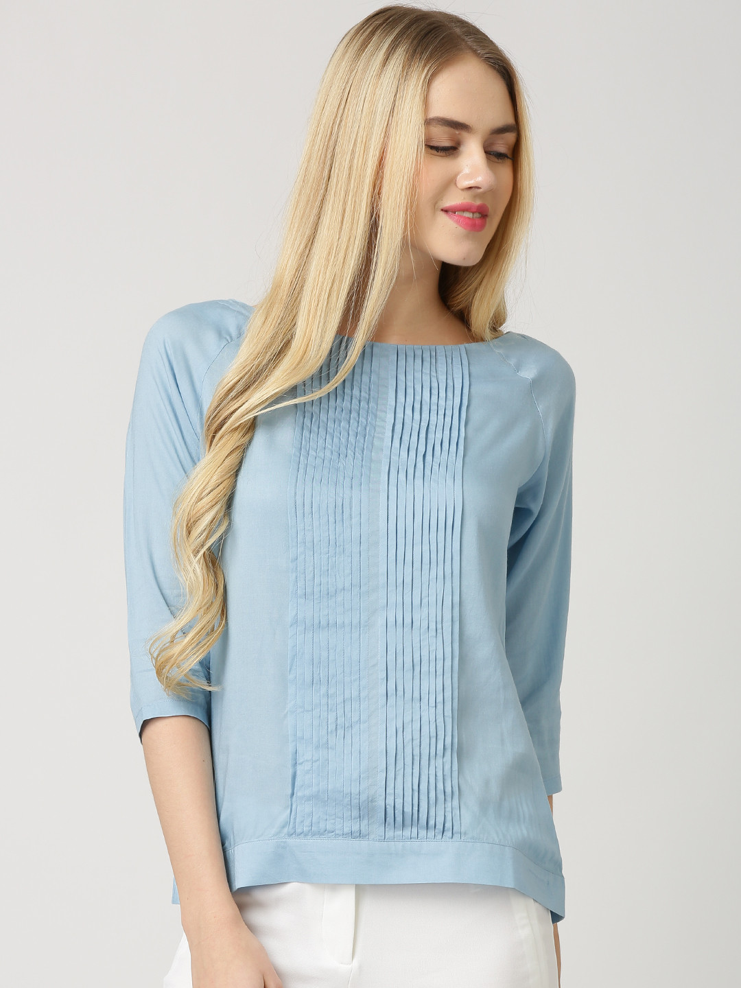 

Marie Claire Blue Pintuck Top