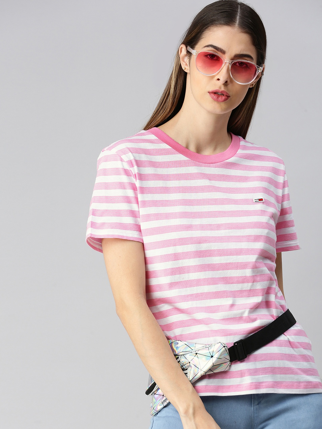 

Tommy Hilfiger Women Pink White Striped Round Neck Pure Cotton T-shirt