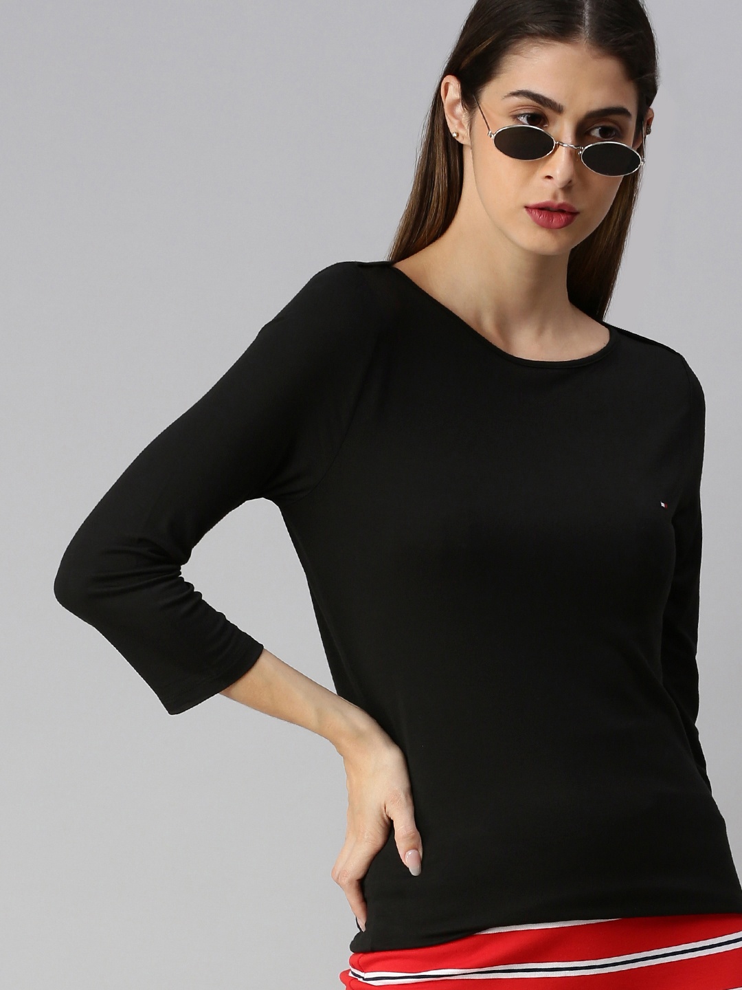 

Tommy Hilfiger Women Black Solid Boat Neck T-shirt