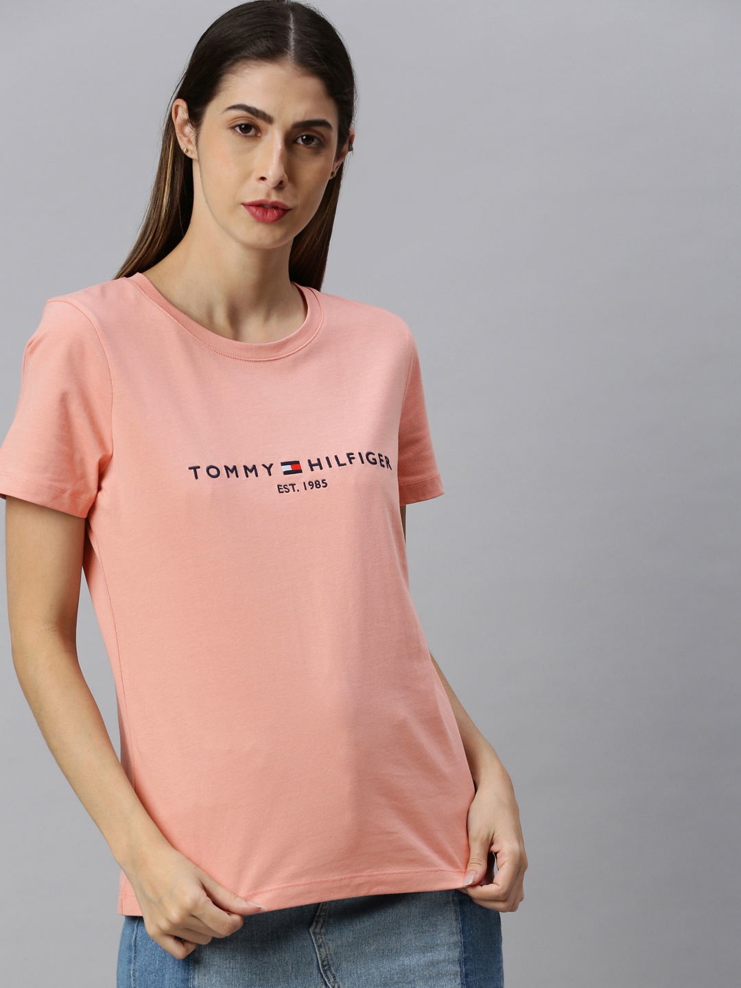

Tommy Hilfiger Women Coral Pink Solid Round Neck Organic Cotton T-shirt with Logo