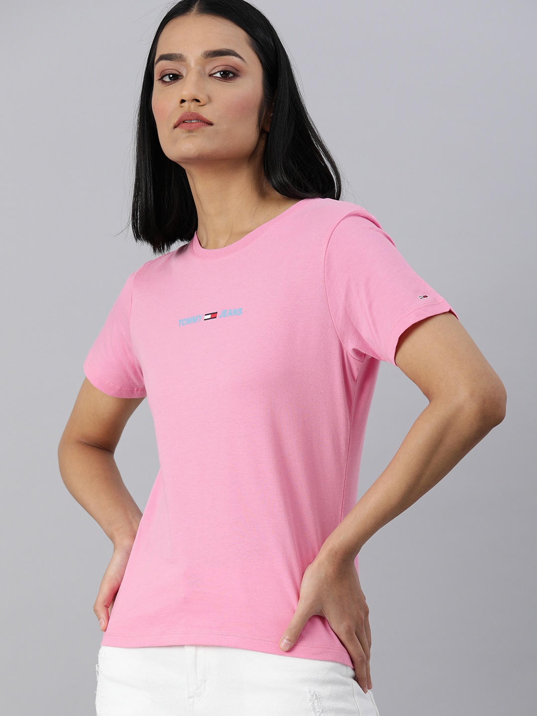 

Tommy Hilfiger Women Pink Slim Fit Embroidered Round Neck Pure Cotton T-shirt