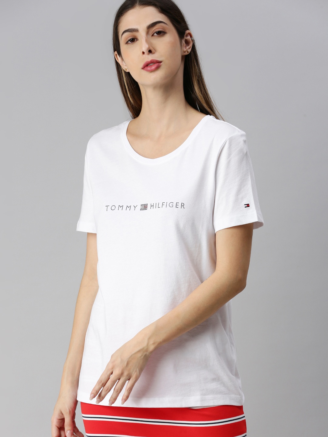 

Tommy Hilfiger Women White Self Design Round Neck Pure Cotton T-shirt