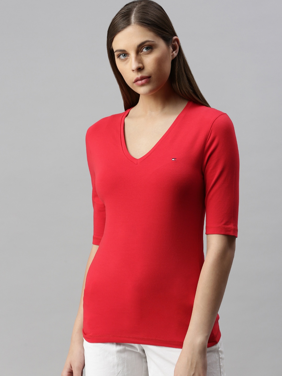 

Tommy Hilfiger Women Red Solid V-Neck T-shirt