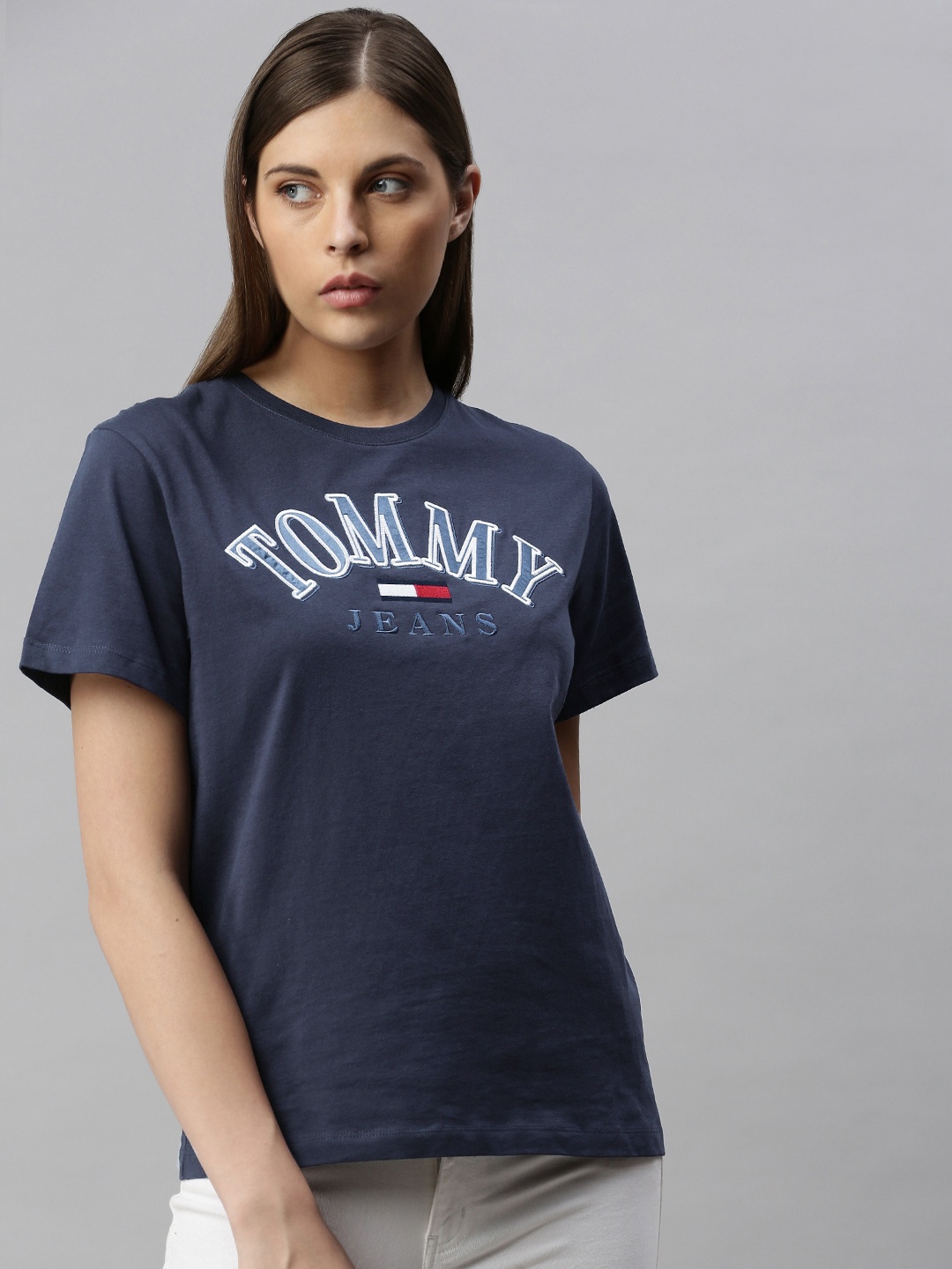 

Tommy Hilfiger Women Navy Blue Embroidered Round Neck Pure Cotton T-shirt