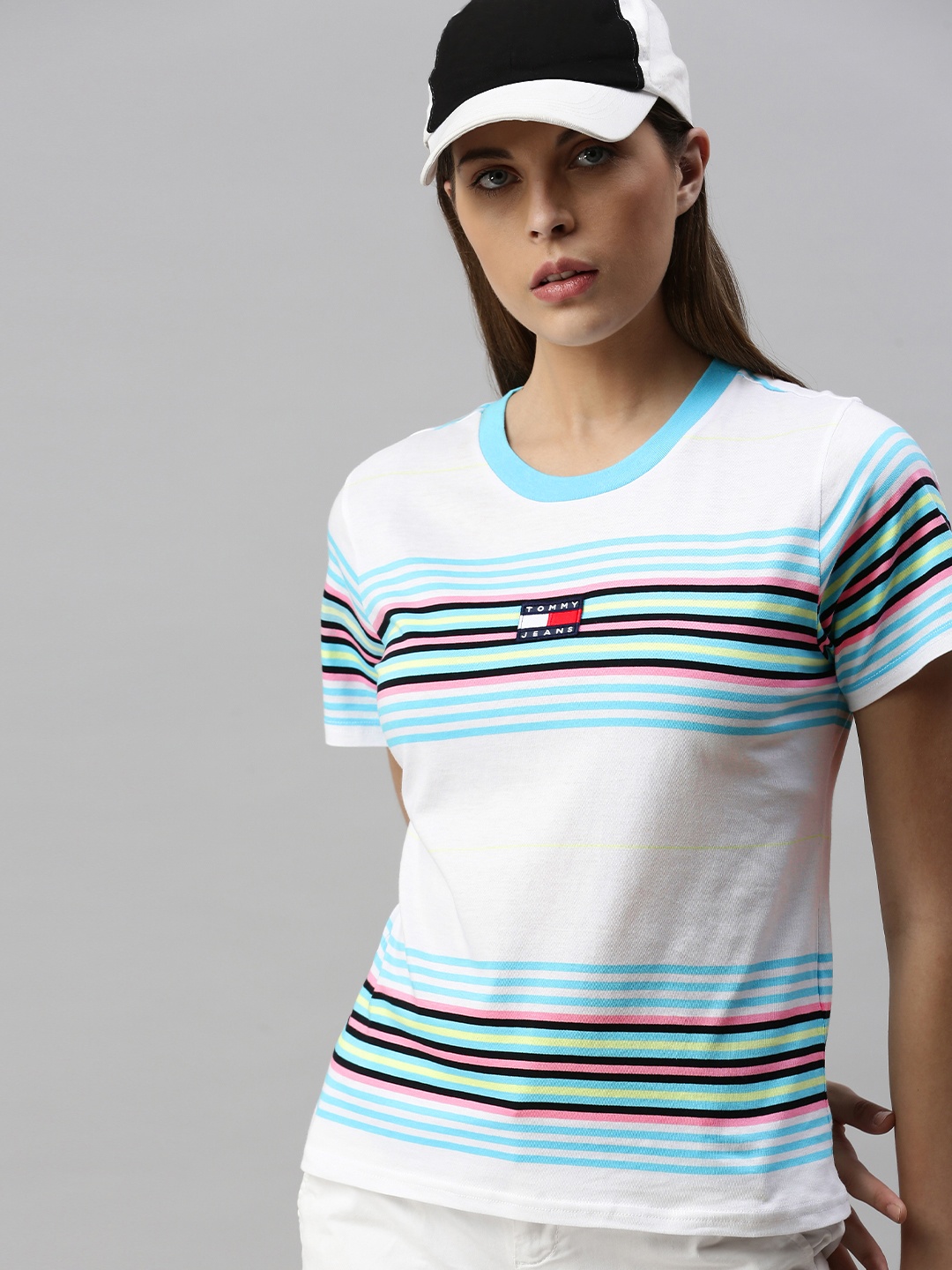 

Tommy Hilfiger Women Blue White Striped Round Neck Pure Cotton T-shirt