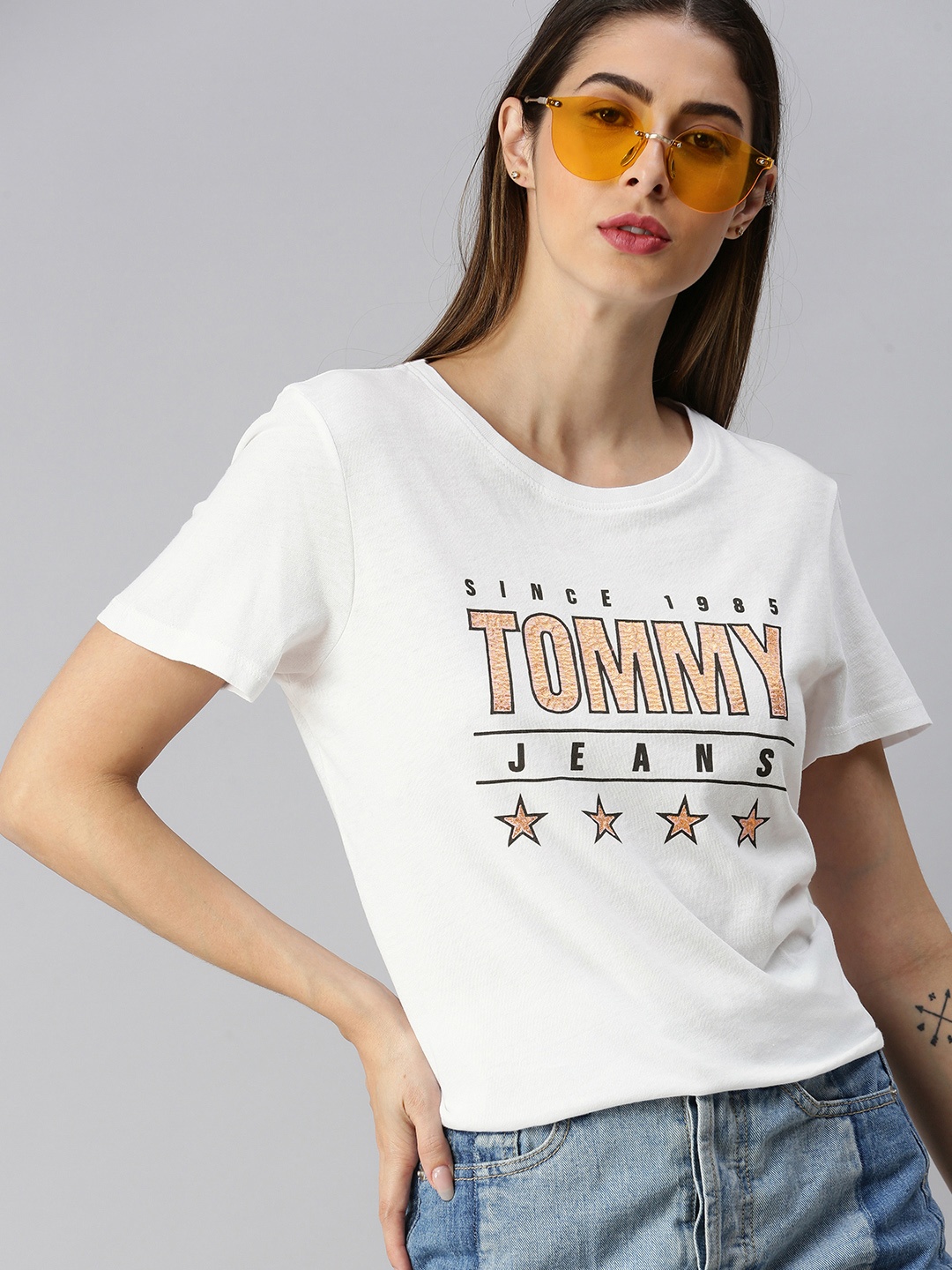 

Tommy Hilfiger Women White Printed Slim Fit Round Neck Pure Cotton T-shirt