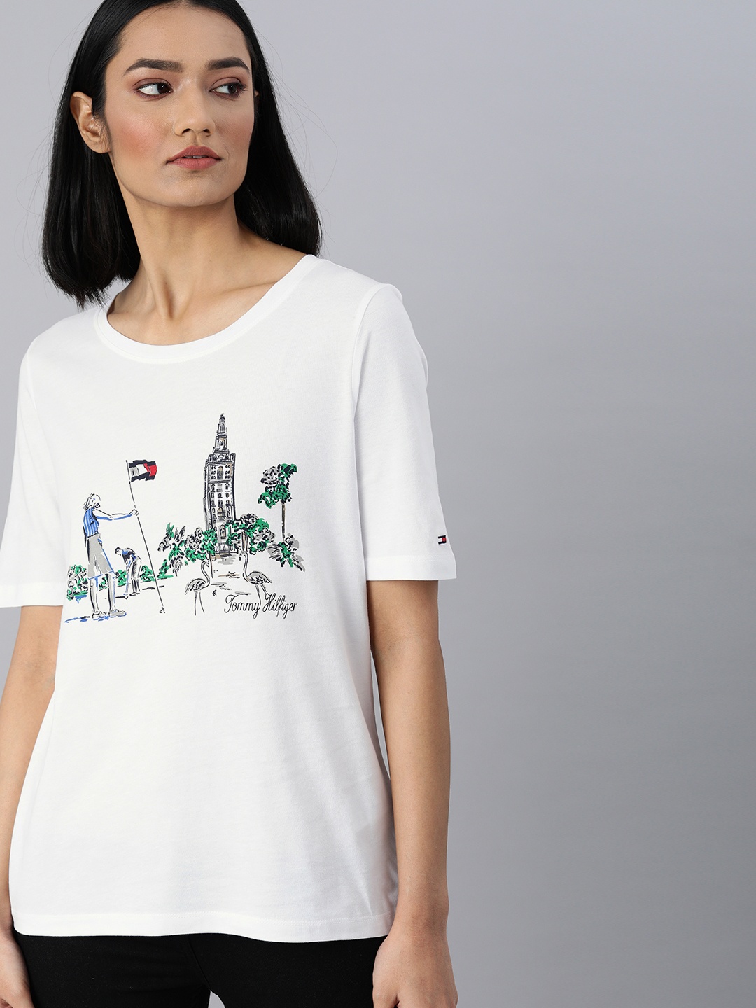 

Tommy Hilfiger Women White Printed Round Neck Pure Cotton T-shirt