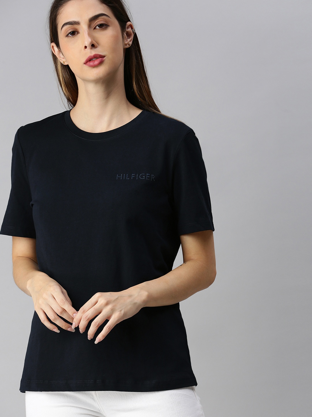 

Tommy Hilfiger Women Navy Blue Self Design Round Neck Pure Cotton T-shirt