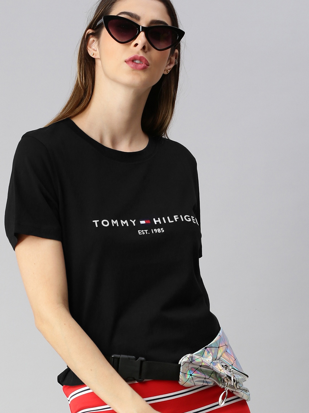 

Tommy Hilfiger Women Black Printed Round Neck Pure Cotton T-shirt