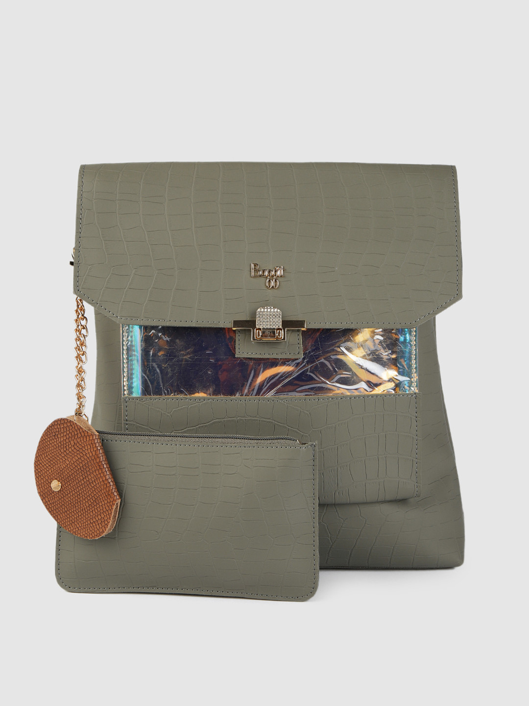 

Baggit Women Olive Green Croc Textured with Applique Backpack