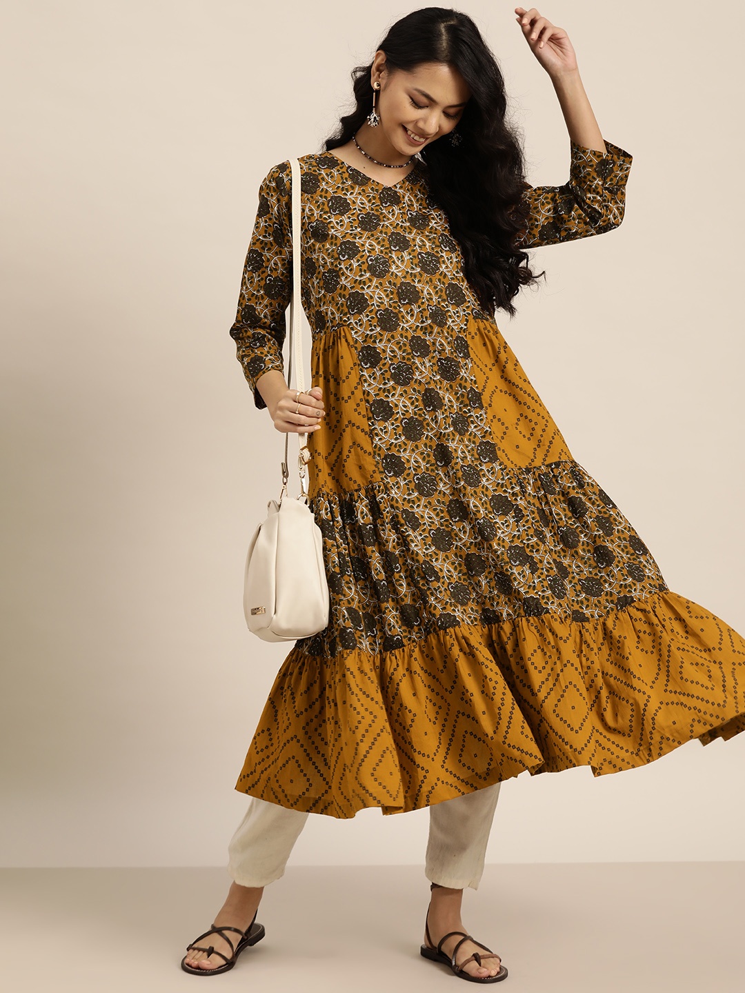 

Sangria Women Mustard Yellow & Brown Pure Cotton Ethnic Motifs Printed A-Line Tiered Kurta