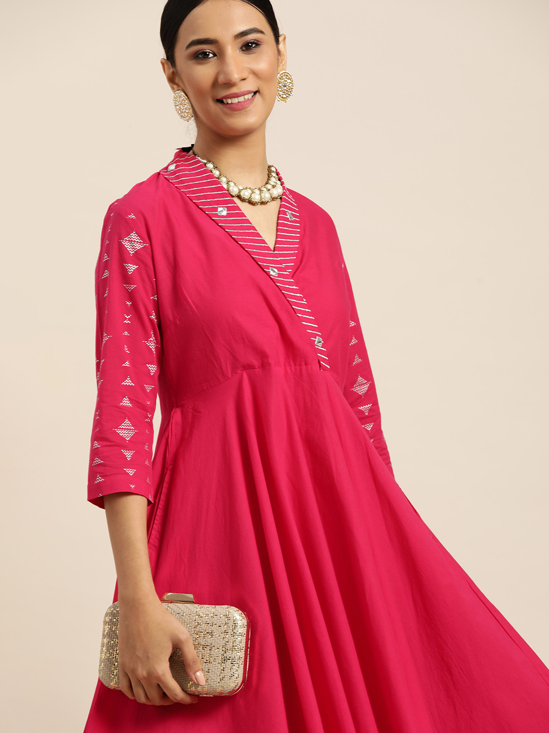 

Sangria Women Pink & Silver Cotton Solid Midi Wrap Dress