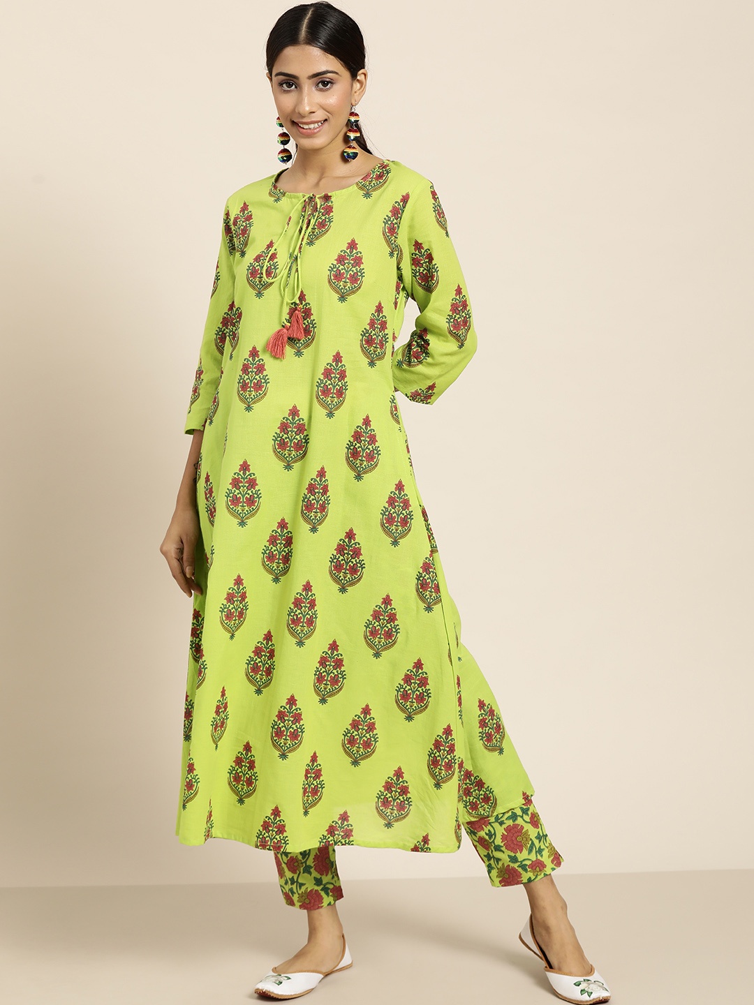 

Sangria Women Green & Red Ethnic Motifs Printed Pure Cotton Kurta with Palazzos